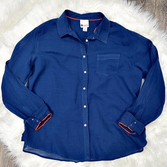 Stylus Semi Sheer Button Down Shirt Size XL Blue Orange Trim Cotton Long Sleeve - Picture 1 of 12